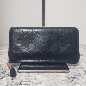Gucci GG Guccissima Long Leather Bamboo Zip Around Wallet